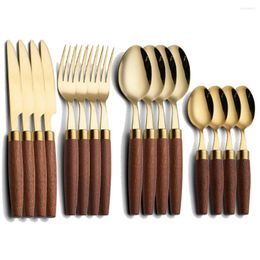 Dijkartikelen sets 24/16 stcs natuurlijke houten handgreep servies set roestvrij staal flatware mes vork lepel goud bestek diner vaatwasser veilig