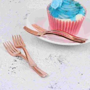 Din sets sets 24 pc's fruit vork Eco -vriendelijke vorken plastic wegwerpgerei Rose Gold bestek mini zilverware dessert