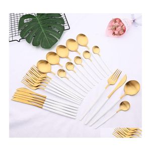 Dinware sets 24 stks/1 set roestvrijstalen matte bestek keuken wit goud western flatware mes vork lepel home service drop d dhsot