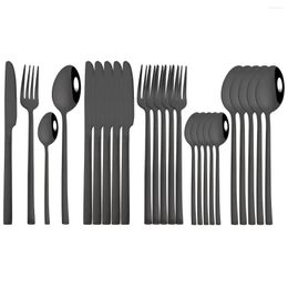 Dijkartikelen sets 24 stks zwarte bestek set spiegel roestvrijstalen messmesvorken koffie lepel tafelgerei keuken flatware druppel druppel