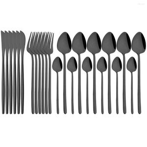 Dinnerware Sets 24Pcs Black Cutlery Set Mirror Stainless Steel Flatware Knife Fork Coffee Spoon Tableware Western Kitchen Silverware