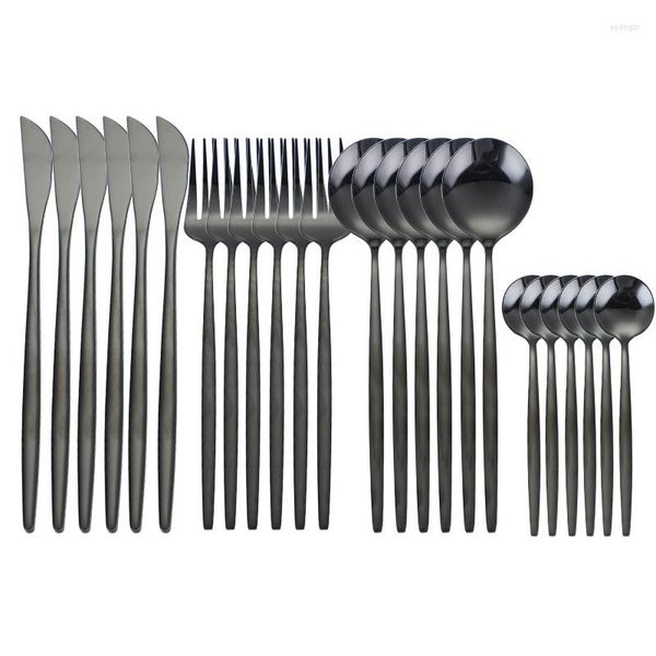 Juegos de vajilla 24 piezas Juego negro Vajilla de acero inoxidable Cuchillo para carne Tenedor Cuchara de café Cucharadita Luz brillante Cubiertos Apto para lavavajillas