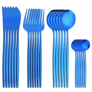 Ensembles de vaisselle 24 pièces ensemble de couverts bleus vaisselle en acier inoxydable couteau fourchette cuillère couverts lumière vive cuisine dîner