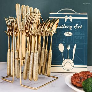 Ensembles de vaisselle 24 pièces poignée en céramique ensemble de couverts dorés couteau en acier inoxydable fourchette cuillère vaisselle couverts Festival cuisine cadeau