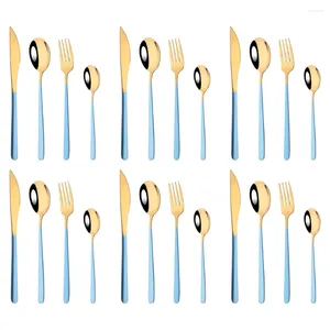 Dinware sets 24 stks goudblauw handgreep bestek set 304 roestvrij staal tafelwerk keuken zilverwerk spiegel kleurrijk flatware