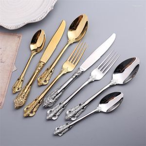 Ensembles de vaisselle 24pcs Or Couverts Or Dîner Couteau Et Fourchette Cuillère À Café De Luxe Argenterie Vaisselle Vintage Western Set Cadeau De Noël