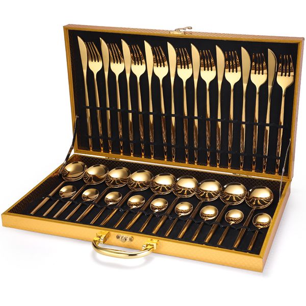 Ensembles de vaisselle 24pcs Gold en acier inoxydable Table Voleille à fourchette Coudlerie de luxe Boîte à cadeaux Couvertures couverts lave-vaisselle SAFE 221205