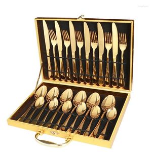 Dijkartikelen sets 24 stks gouden bestek set roestvrijstalen mes vork lepel gouden flatware kubiertos met geschenkdoos