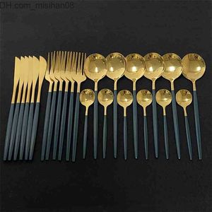 Ensembles de vaisselle 24 Pcs Vert Or Couverts Ensemble Miroir Dinnenrware Couverts En Acier Inoxydable Dîner Couteau Fourchette Cuillère Cuillère À Café Pour La Maison 210804 Z230630