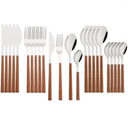 Dinware sets 24 stks imitatie houten handgreep bestek set roestvrij staal servies mes mes fork thee lepels zilverwerk western flatware