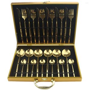 Ensembles de vaisselle 24pcs Luxury Golden Set en acier inoxydable Steak Steak Knife Fork Gold Sargeware avec boîte cadeau en bois