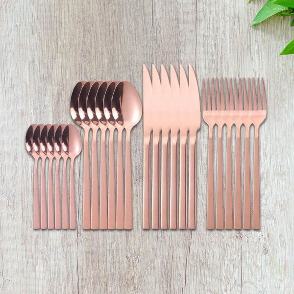 Ensembles de vaisselle 24 pièces ensemble de couverts en or rose acier inoxydable 18/10 fourchettes couteaux cuillères vaisselle noir