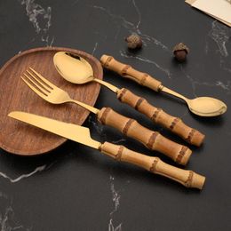 Ensembles de vaisselle 24 pièces ensemble or Original Nature bambou poignée en acier inoxydable couverts couverts fourchette cuillère maison cuisine vaisselle