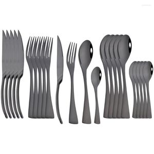 Dijkartikelen sets 24 stks glanzende zwarte set steak mes fork koffielepel coffery roestvrijstalen tafelwerk westerse keuken flatware