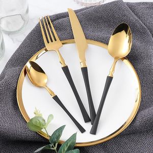 Dijkartikelen sets 24 -st roestvrijstalen bestek zwart gouden spiegel set tafelwerk mes mes vork koffielepel flatware vaatwasser veilig diner