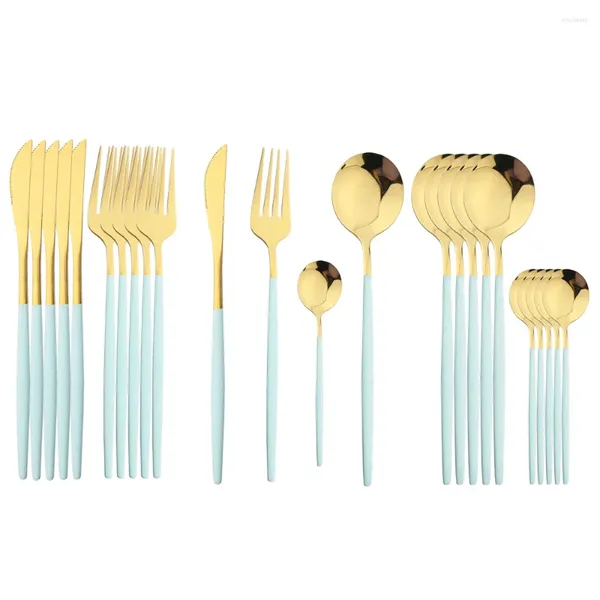 Ensembles de vaisselle 24pcs Couvoirs en acier inoxydable ensemble Western Knife Fork Spoon Dîner Cuisine Mint Green Gol