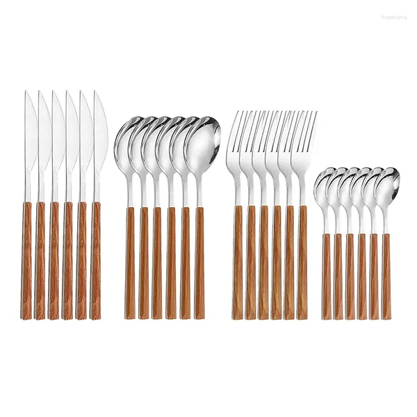 Ensembles de vaisselle 24 pièces couverts en acier inoxydable ensemble de dîner complet vaisselle complète couteau à la mode fourchette cuillère à thé Imitation manche en bois