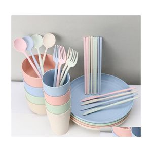 Dinware sets 28 pc's herbruikbare familie tarwe st servies gereedschap keukengereedschappen drop levering home tuin eetbar dht24