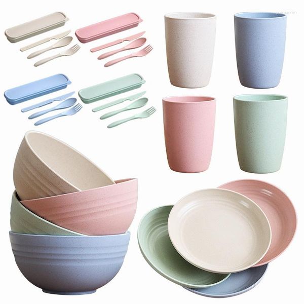 Juegos de vajilla 28 unids/set, vajilla de Material natural de paja de trigo, bandeja para el hogar, cuencos anticaída, tazas, platos, tenedores, cucharas, Kit de palillos