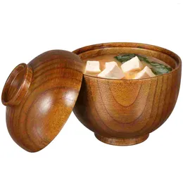 Ensembles de vaisselle 2pcs bol en bois avec soupe de couvercle de riz servant la vaisselle en bois