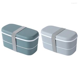 Ensembles de vaisselle 2Set Boîte à lunch micro-ondable à 2 couches avec compartiments Conteneur Bento étanche Gris Vert