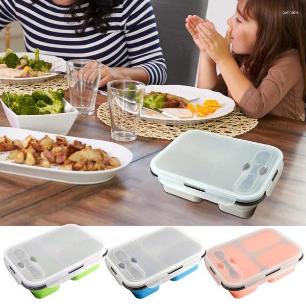 Ensembles de vaisselle Boîte à lunch en silicone à 3 compartiments Conteneur Bento Conteneurs étanches Boîtes mignonnes pour enfants Snack