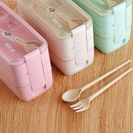 Ensembles de vaisselle 3 couches de paille de blé boîte à déjeuner 900 ml micro-ondes japonais Bento avec fourchette cuillère conteneur pour le personnel de bureau étudiant