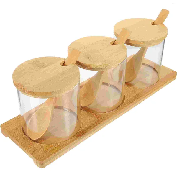 Conjuntos de vajilla 3 PCS / 1 Recipiente transparente con tapa Botella de condimento de vidrio Condimento Pot Salt Shaker Jar Bamboo