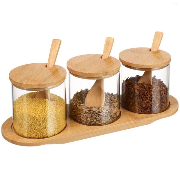 Ensembles de vaisselle 3 pièces/1 pot à condiments, bocaux en verre d'assaisonnement scellés, couvercle, paquet combiné, récipient en bambou