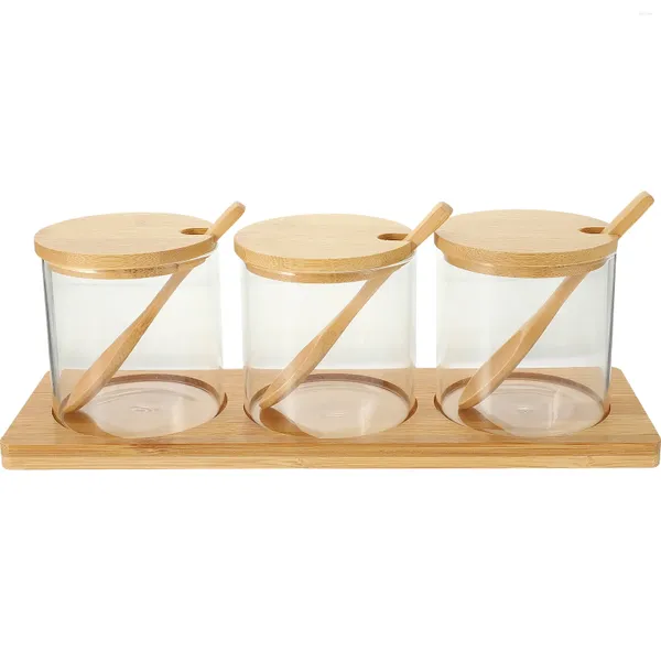 Ensembles de vaisselle 3 pièces / 1 pots à épices de cuisine bouteille d'assaisonnement en verre couvercle en bambou avec cuillère pot à condiments