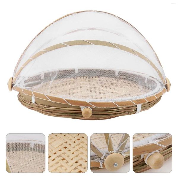 Ensembles de vaisselle 3 pièces en osier rond pelle à poussière tissé panier de rangement couvercle filet protecteur maille bambou