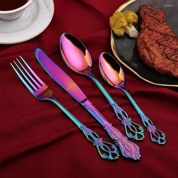 Ensembles de vaisselle 30 / 36pcs Retro Gold Cutlery Set Luxury Table Table Varelle européenne Boîte cadeau en acier inoxydable Spoon Steak Fork Steak