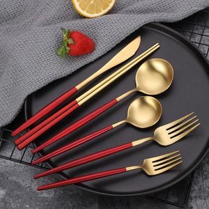 Juegos de vajilla de acero inoxidable 304, vajilla mate, palillos de oro rojo, cuchillo, tenedor, cuchara, cucharadita, utensilios de viaje para cocina