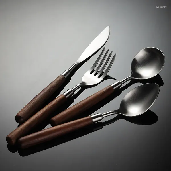 Conjuntos de vajilla de acero inoxidable 304, mango de nogal, cuchillo, tenedor, cuchara, vajilla occidental, juego de cocina de regalo redondo mate