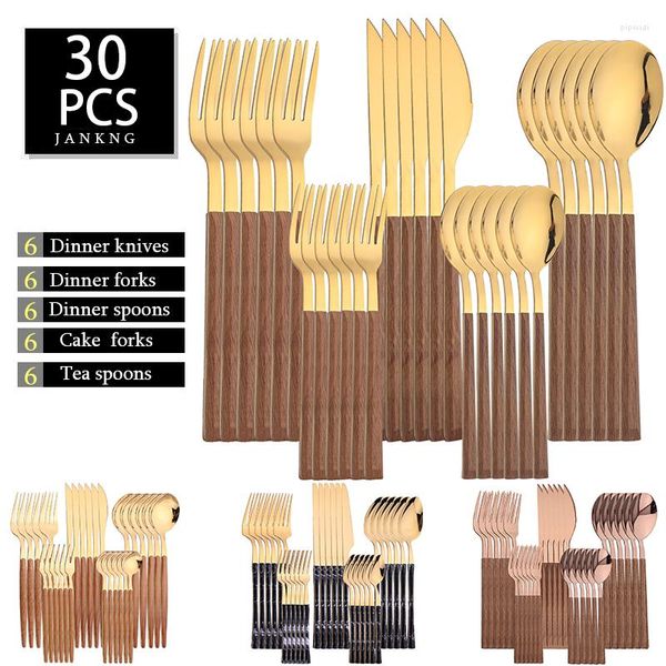 Ensembles de vaisselle 30 pièces ensemble en acier inoxydable imitation manche en bois pince couteau occidental fourchette cuillère à thé couverts vaisselle argenterie