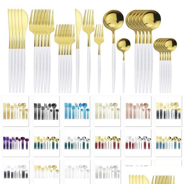 Ensembles de vaisselle 30pcs / ensemble de couverts en or blanc 304 vaisselle en acier inoxydable couteau fourchette cuillère à café dîner maison cuisine vaisselle S Dhl5M