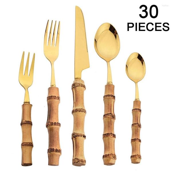 Ensembles de vaisselle 30 pièces manche en bois ensemble de couverts dorés couteau en acier inoxydable fourchette café thé cuillère cuisine bambou vaisselle