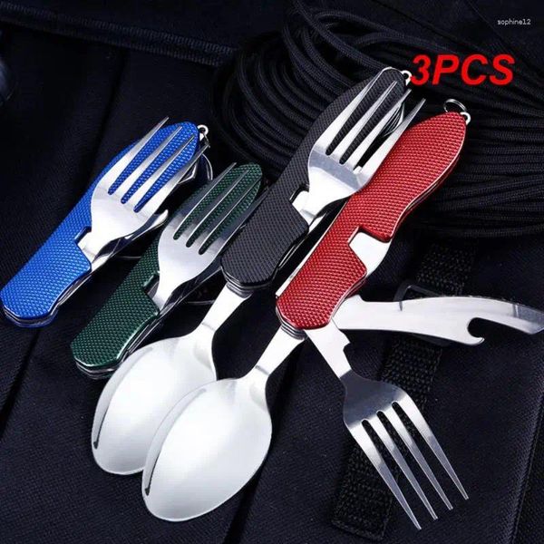 Juegos de vajilla 3pcs 4-in-1 MultiTool Camping Utensils portátiles de acero inoxidable de acero plegable COMPITA COMBA COMBO COMBO COMBO COMBO