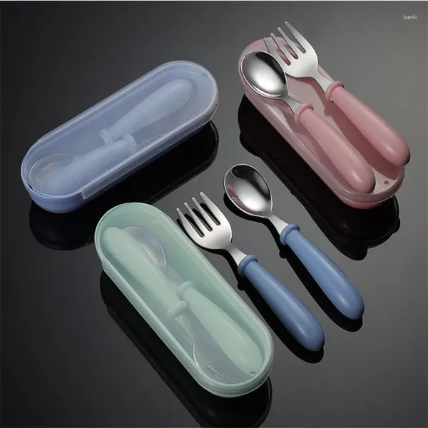 Conjuntos de vajillas 3 PCS Niños Portable Paves portátiles Anti-salding Feeding Spoon Tutch Utensils Caderas para niños de acero inoxidable