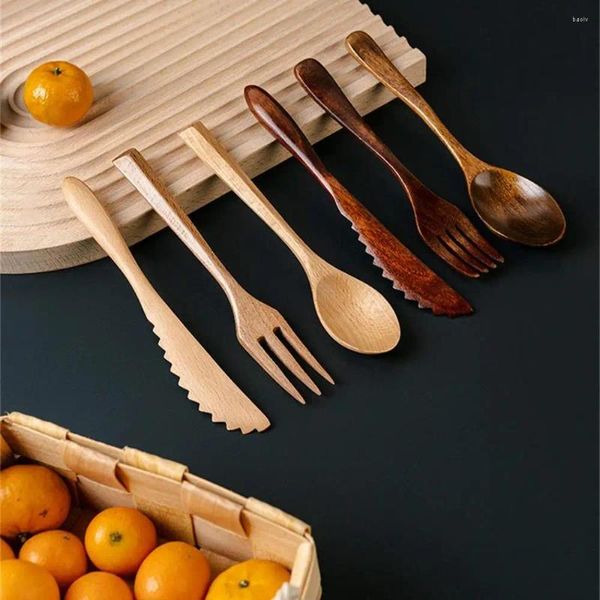 Conjuntos de vajilla 3 piezas Juego de vajilla de madera de estilo japonés Cocina para el hogar Cuchara de cocina Cuchillo Tenedor Cubiertos Accesorios de vajilla ecológica portátil