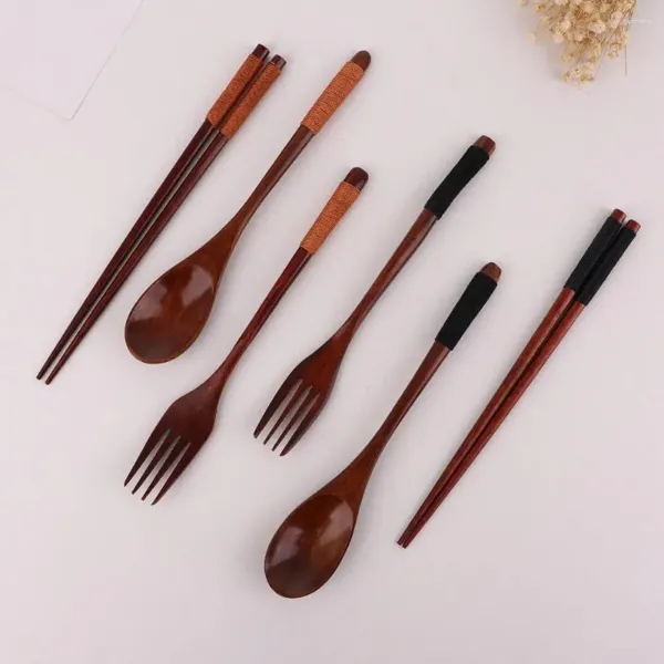 Ensembles de vaisselle 3 pièces soupes de riz Kit de dîner en bois naturel couverts de cuisine ustensiles fourchette baguettes cuillère ensemble vaisselle