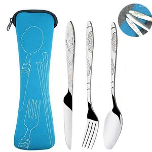 Ensembles de vaisselle 3 pièces/ensemble couteaux imprimés portables fourchette cuillère en acier inoxydable famille Camping Steak couverts vaisselle avec sac ensemble de Table à manger