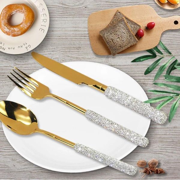 Conjuntos de vajilla 3 unids Cuchara Tenedor Cuchillo Bling Rhinestones Cubiertos Hogar Filete Acero inoxidable Vajilla de diamante para la cena de la fiesta de la cocina