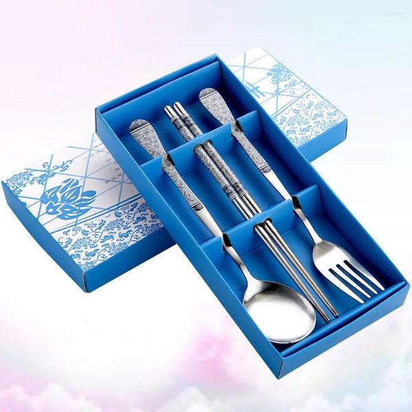 Conjuntos de vajilla 3PCS Palillos de acero inoxidable Tenedor Cubiertos Set Servidor portátil al aire libre de cuchara de palillo (azul azul y blanco