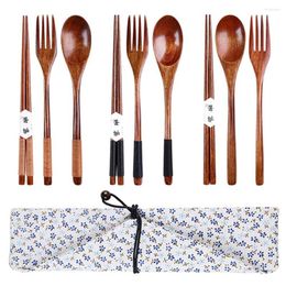 Dinware sets 3 stks houten lepel vork tikstenstokken hoogwaardige Japanse stijl met zak bestek set herbruikbaar tafelgerei draagbaar pak