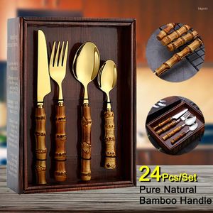 Dijkartikelen sets 4-24pcs servies set bamboe handgreep roestvrij staal inclusief vork messpoon flatware met geschenkdoos bestek