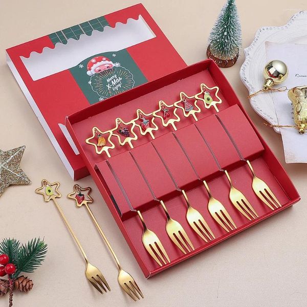 Ensembles de vaisselle 4 / 6pcs Cadeaux de fourche de la cuillère de Noël Set Cadeaux de table festive avec pendentif Golden Pentagram Dessert Gift Gift