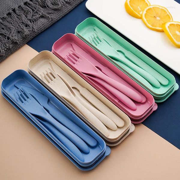 Ensembles de vaisselle 4 couleurs Creative Portable Blé Couverts avec étui Eco Fridendly Couteau Fourchette Cuillère Ensemble Pour Étudiant Cantine Voyage Camping