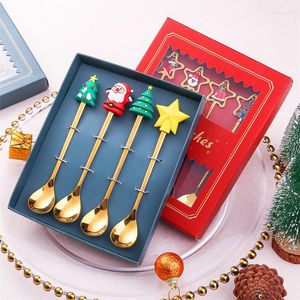 Ensembles de vaisselle 4 pièces ensemble de couverts décoration de noël boîte-cadeau en acier inoxydable noël cuillère fourchette année vaisselle