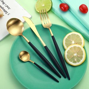 Dinware sets 4 pc's mat roestvrij staal 18/10 zwart gouden zilveren handgers servies diner steak mes lepel flatware set vaatwasser